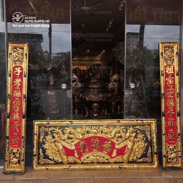 Đại tự và câu đối Đức Lưu Quang 1m55 sơn son mạ vàng