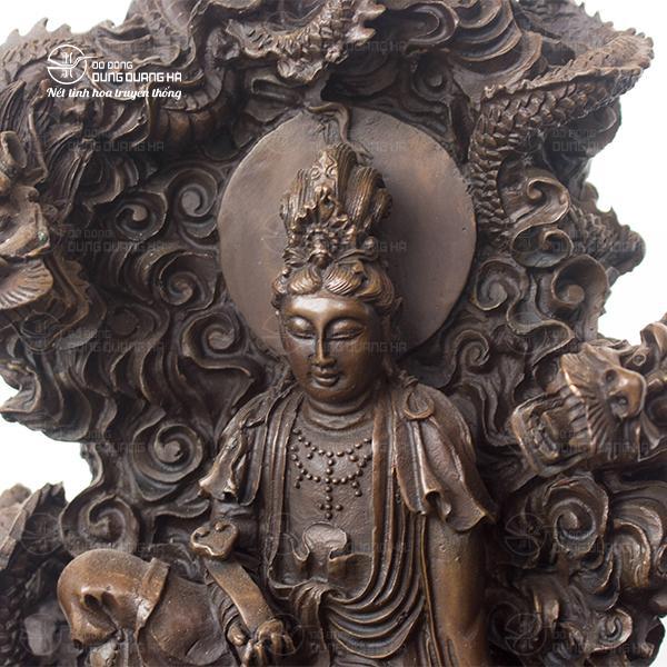 Tượng Phật Mẹ Quan Âm tọa Cửu Long bằng đồng hun đen
